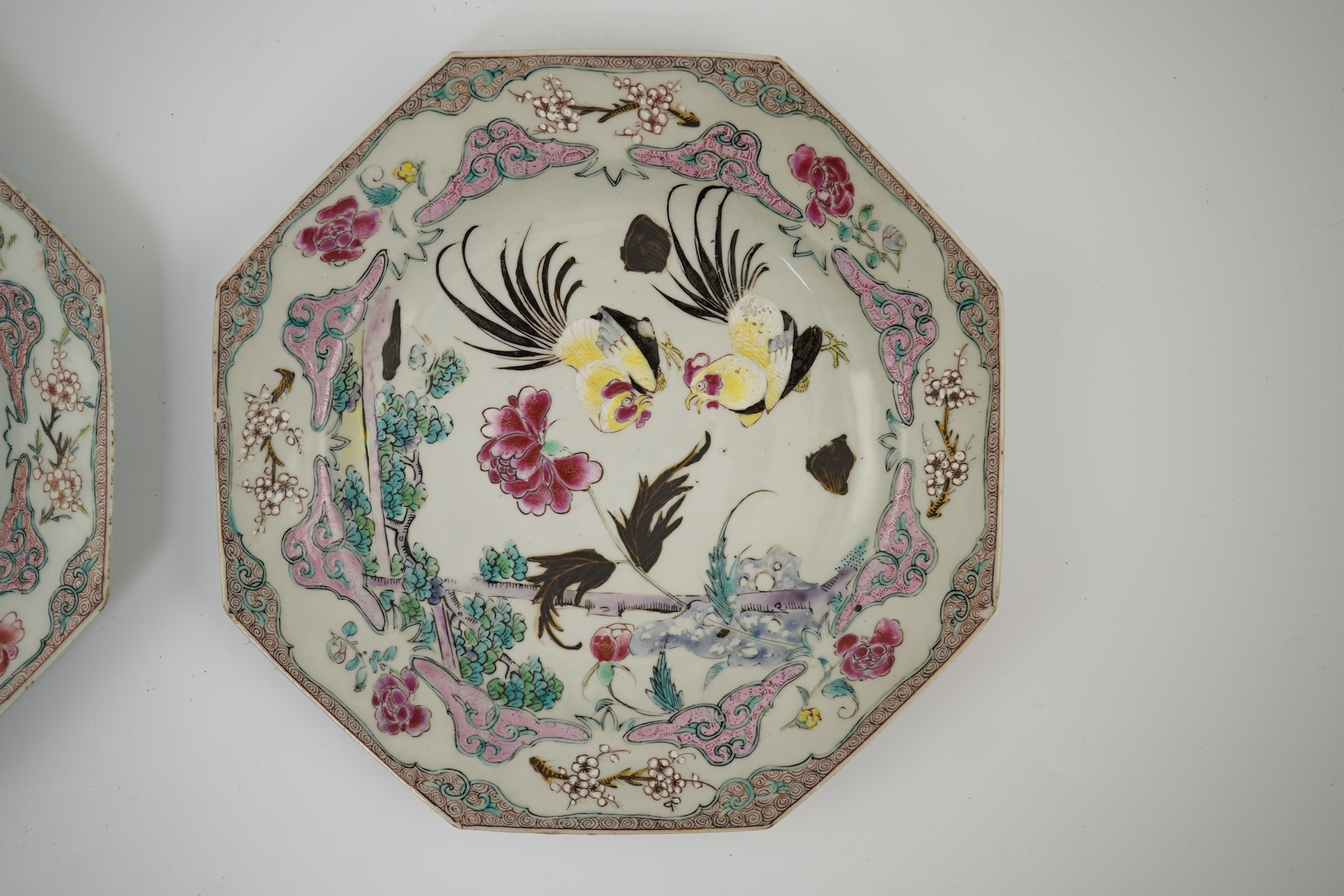 A pair of Chinese famille rose ‘cockerel’ octagonal plates, Yongzheng period